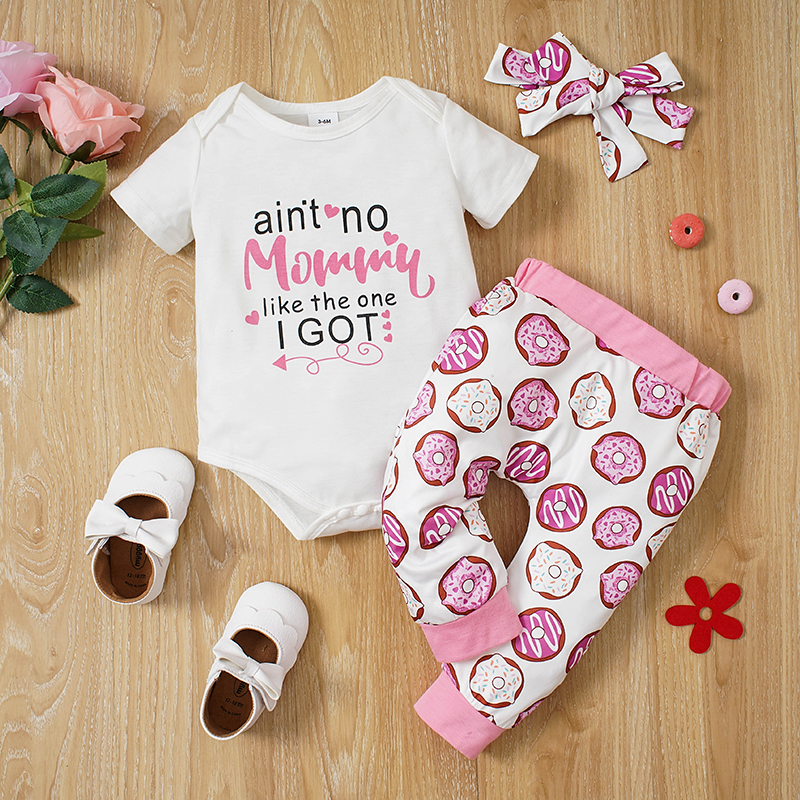 

3pcs Baby Girl Short-sleeve Letter Print Romper and Donut Print Pants with Headband Set