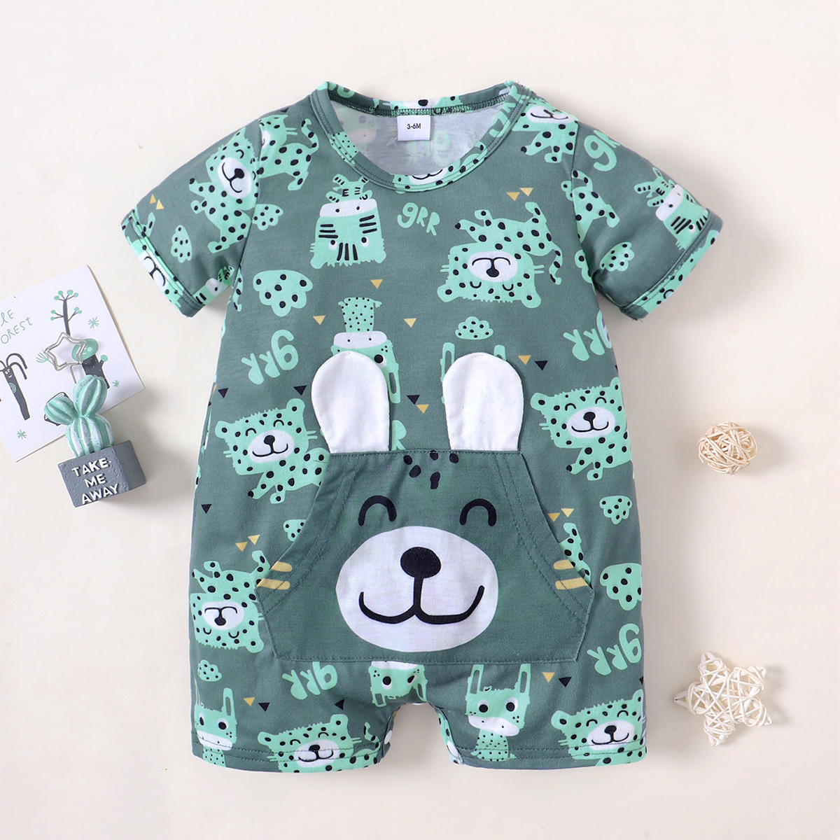 

Baby Boy All Over 3D Ears Cartoon Animal Print Short-sleeve Romper