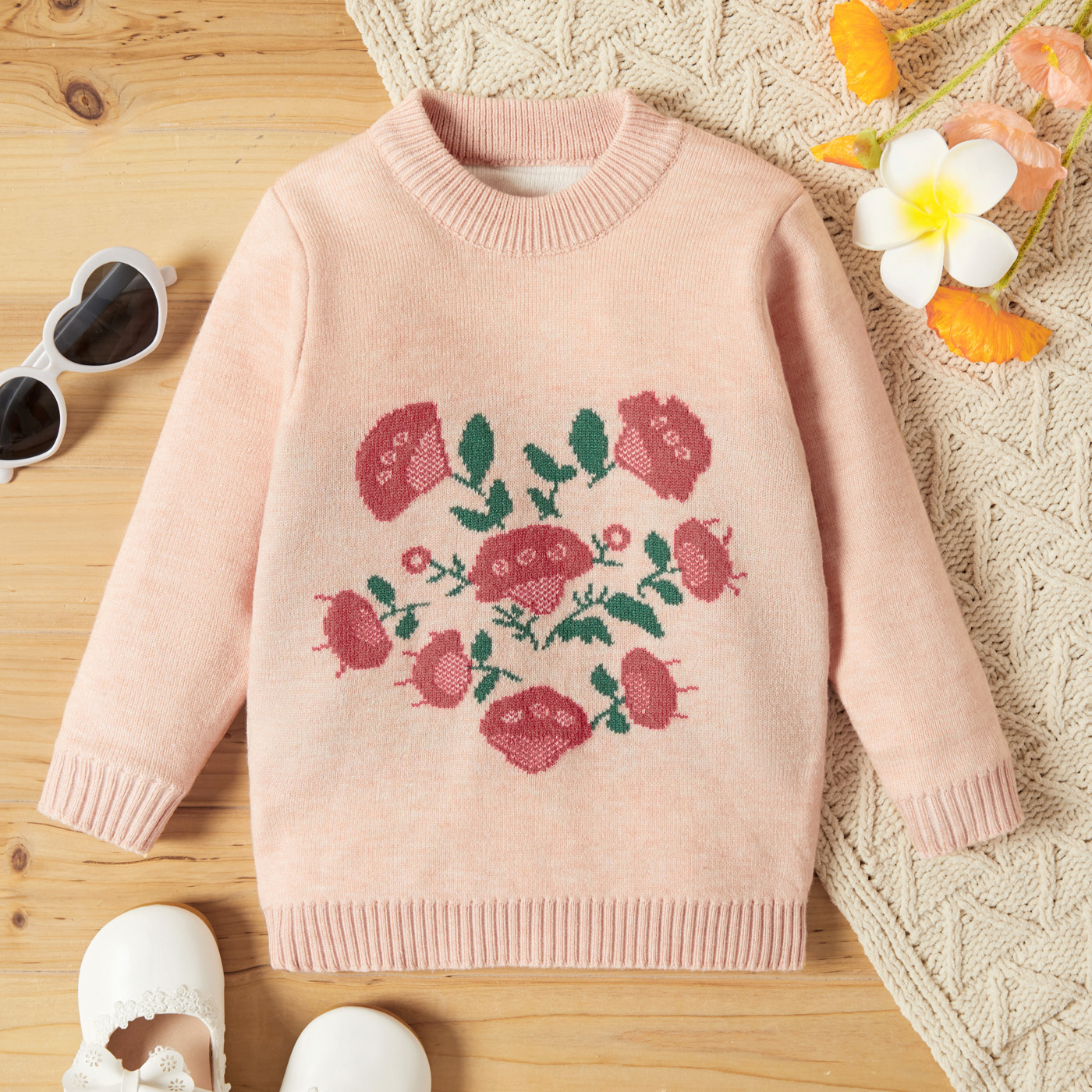 

Toddler Girl Floral Pattern Knit Sweater