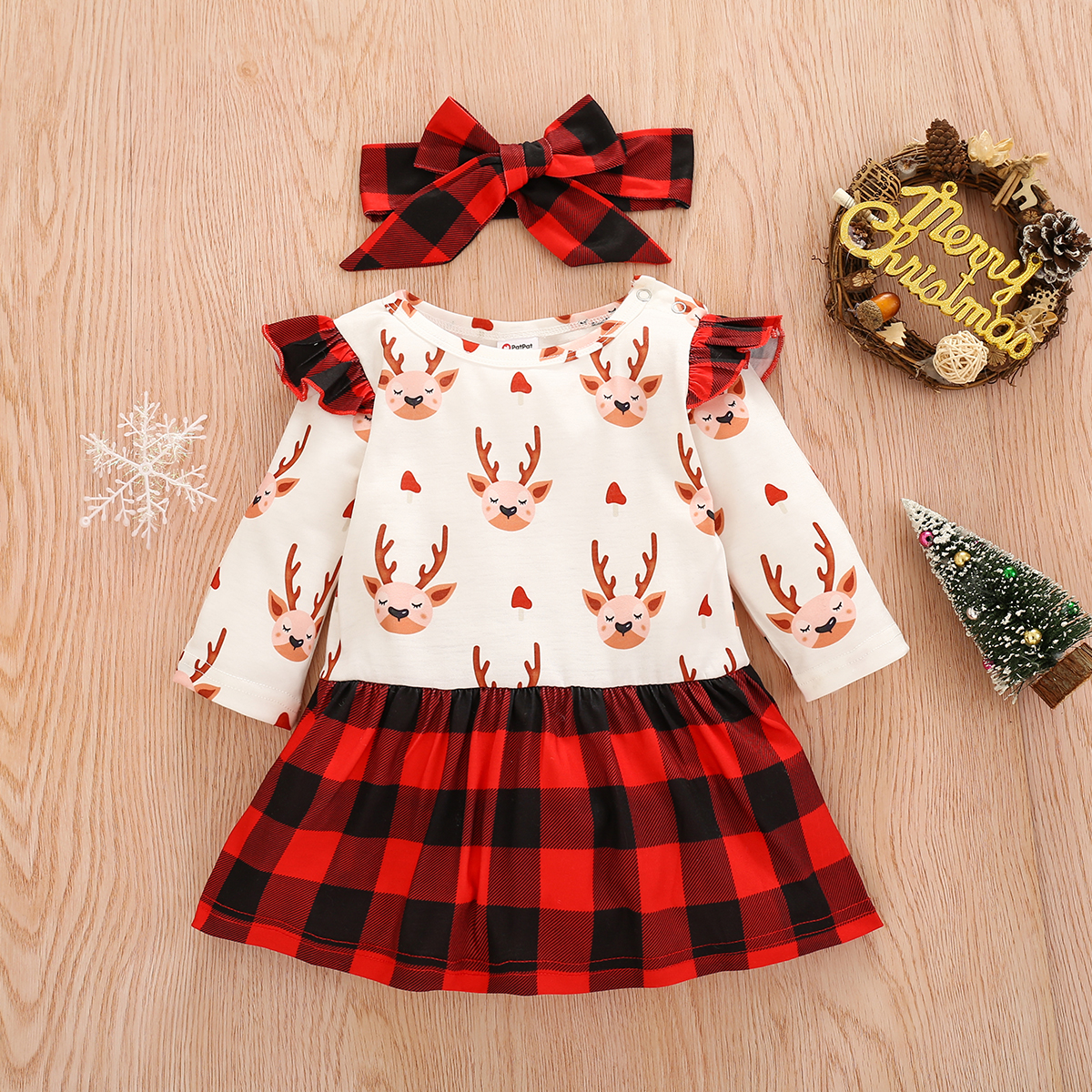 

2-piece Baby Christmas Elk Plaid Dress Romper and Headband Set