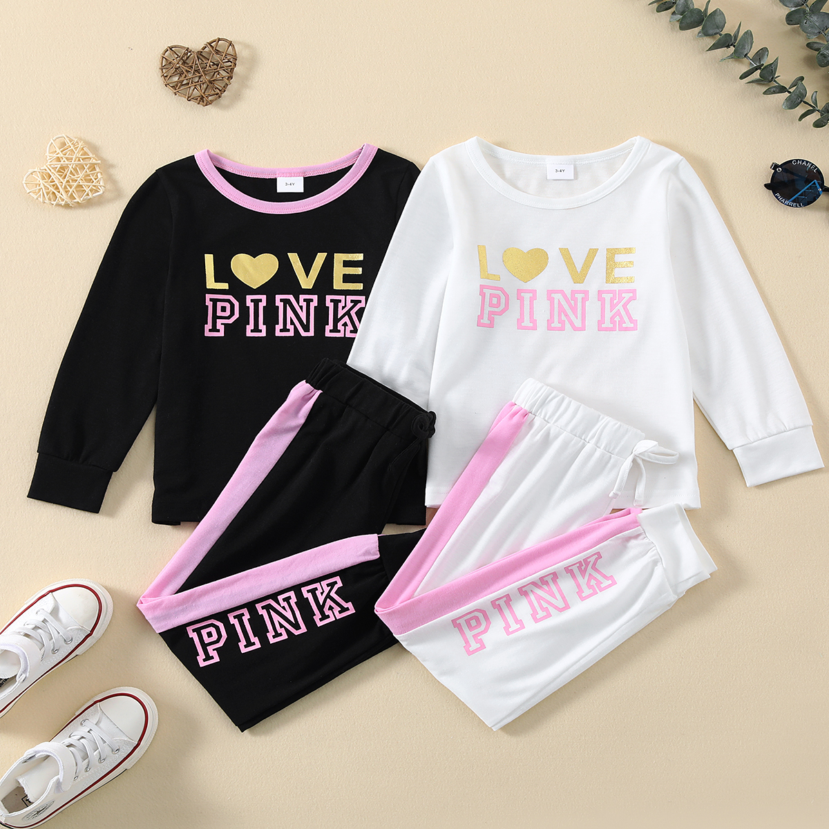

2-piece Toddler Girl Letter Heart Print Long-sleeve Top and Colorblock Pants Set