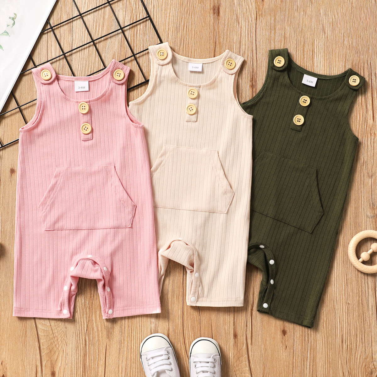 

Baby Boy/Girl 95% Cotton Ribbed Sleeveless Button Jumpsuit with Pocket