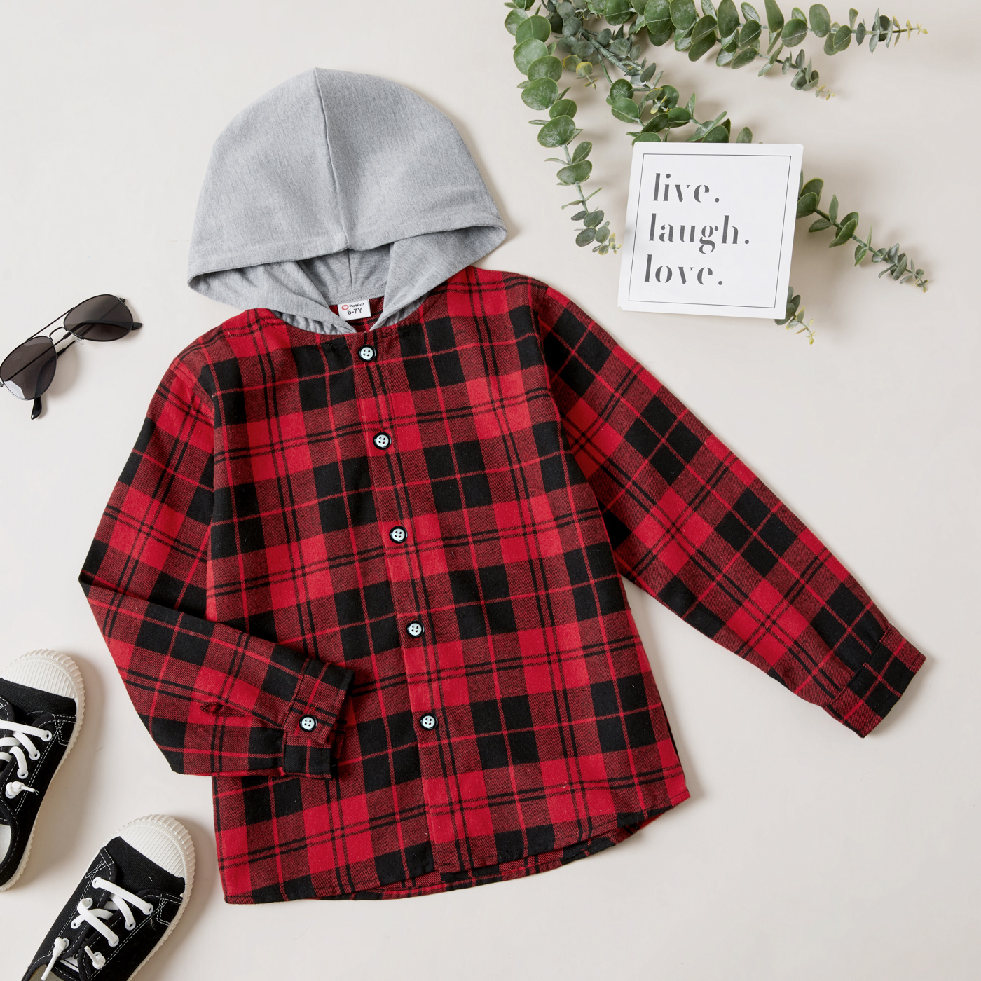 

Kid Boy Button Design Long-sleeve Hooded Red Plaid Shirt