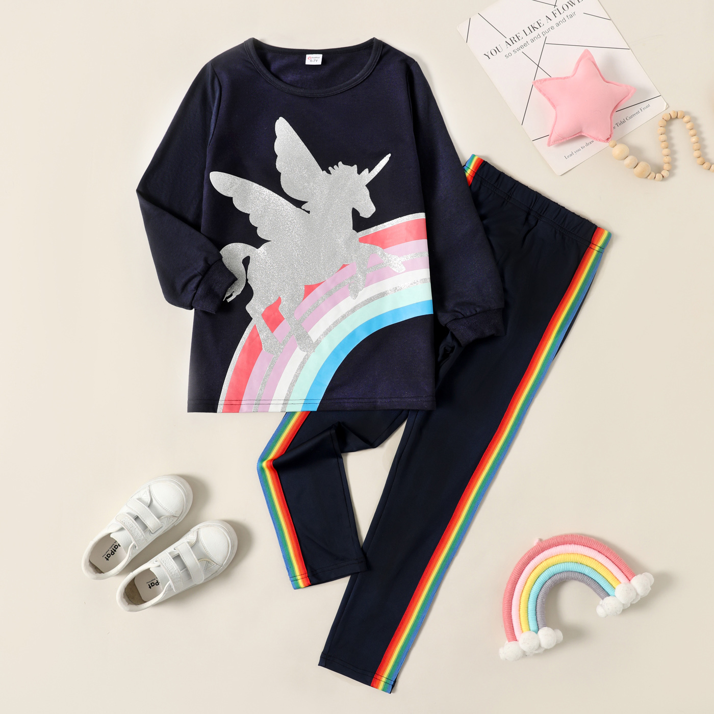 

2-piece Kid Girl Unicorn Rainbow Print Sweatshirt and Striped Pants Set
