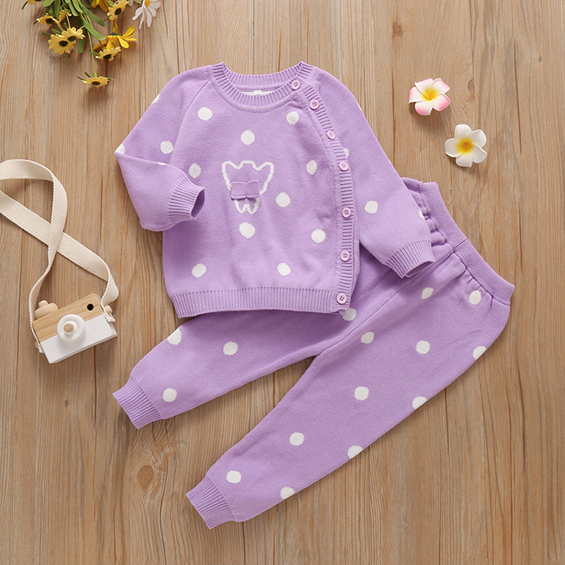 

100% Cotton 2pcs Polka Dots Print Knitted Long-sleeve Baby Set