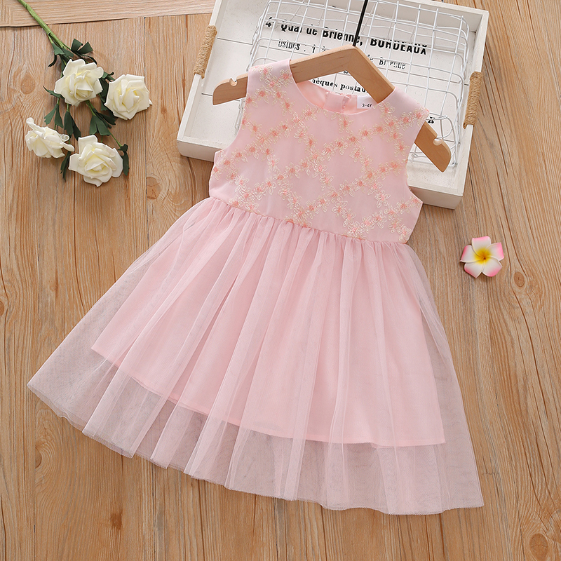 

Toddler Girl Floral Embroidered Sleeveless Light Pink Tulle Dress