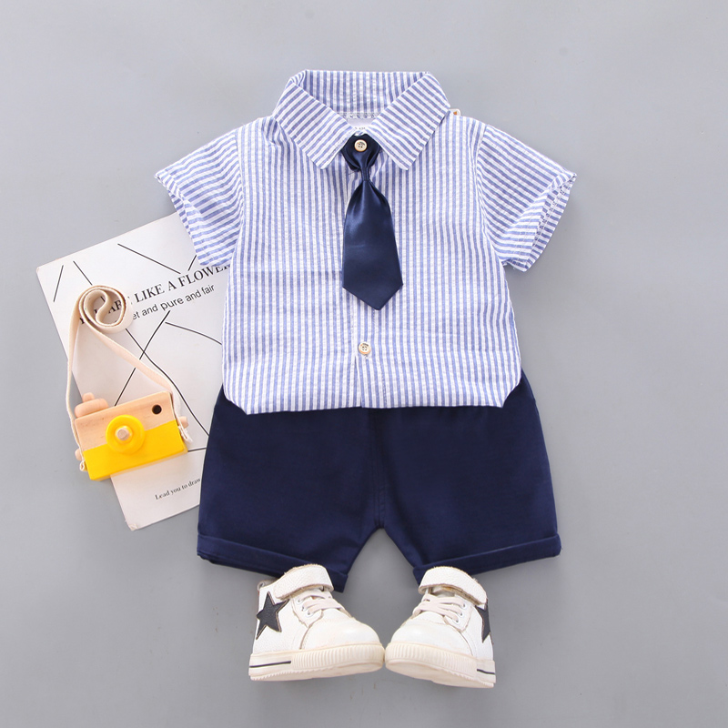 

2pcs Stripe and Solid Lapel Collar Short-sleeve Baby Set
