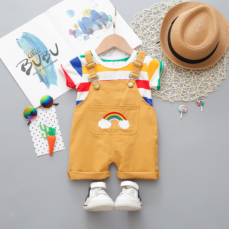

2pcs Baby Boy 95% Cotton Short-sleeve Striped Tee and Rainbow Overalls Shorts Set