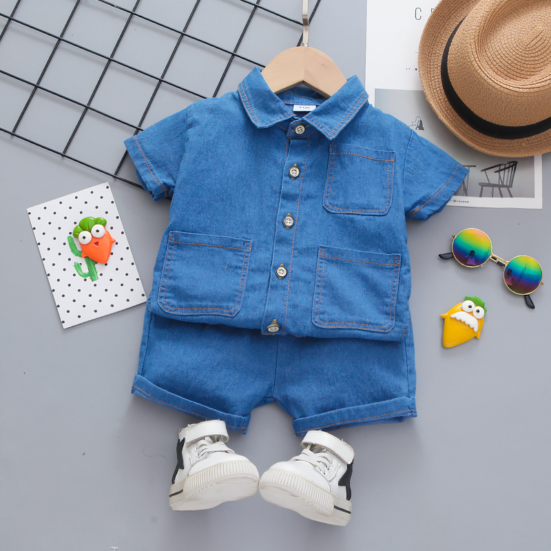 

Lapel Collar Short-sleeve Baby Denim Set