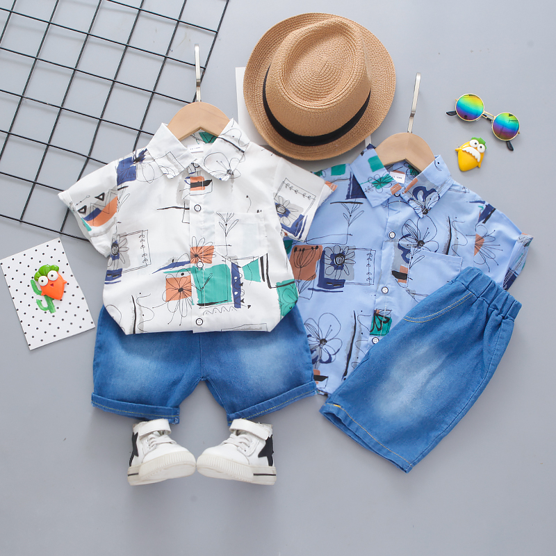

2pcs Short-sleeve Baby Printed Shirt and Denim Shorts Set