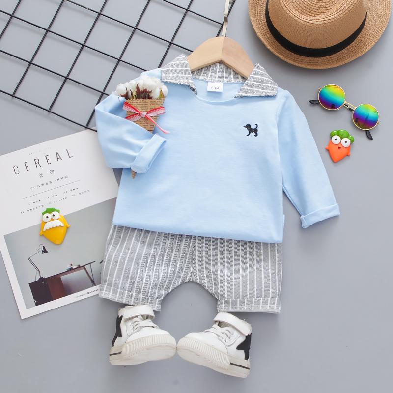 

Baby 2pcs Dog Embroidered Lapel Collar Short-sleeve/ Long-sleeve Top and Striped Shorts Set
