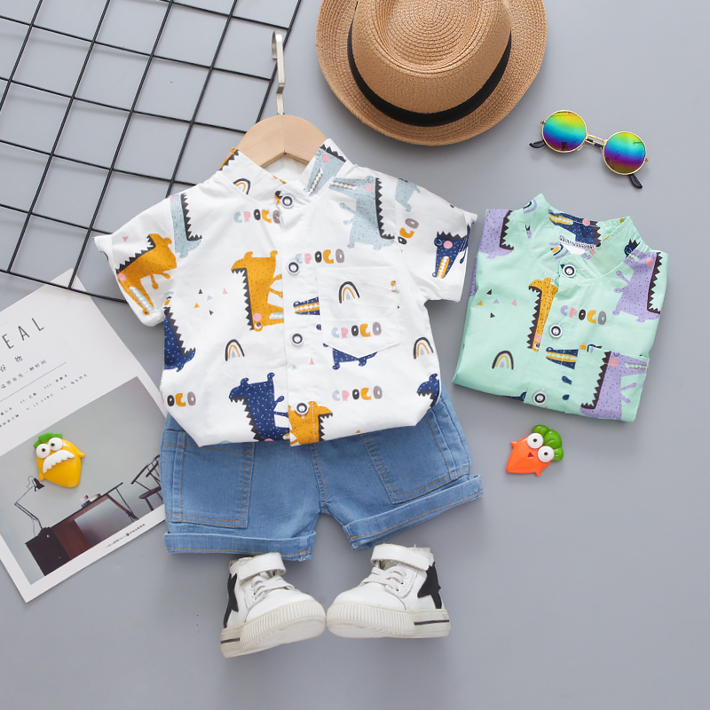 

Baby 2pcs Cartoon Fox Print Short-sleeve Shirt and Denim Shorts Set