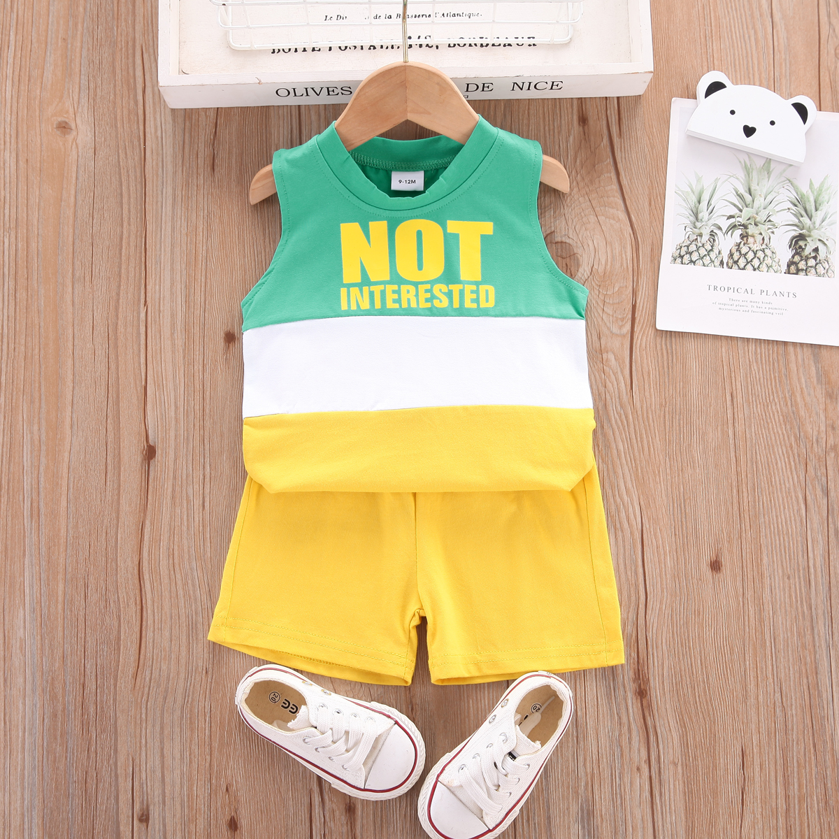 

100% Cotton 2pcs Baby Boy Letter Print Colorblock Tank Top and Solid Shorts Set