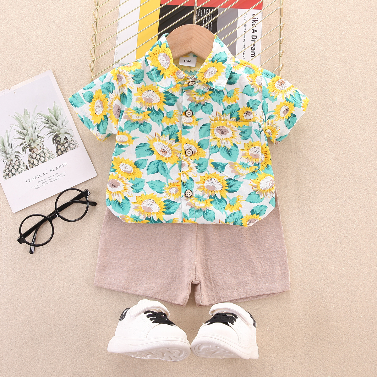 

100% Cotton 2pcs Baby Boy Allover Floral Print Short-sleeve Shirt and Solid Shorts Set