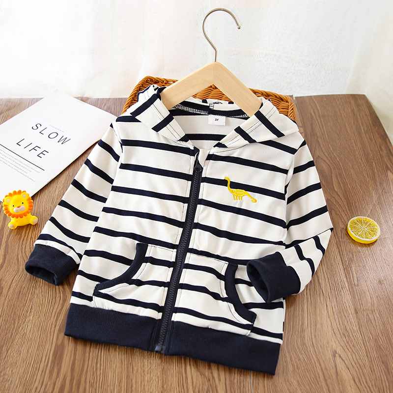 

Toddler Boy 100% Cotton Dinosaur Embroidered Stripe Zipper Hooded Jacket