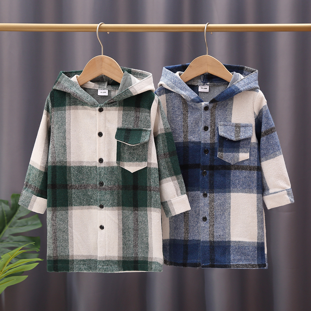 

Toddler Boy/Girl Plaid Button Design Hooded Midi Shirt Jacket