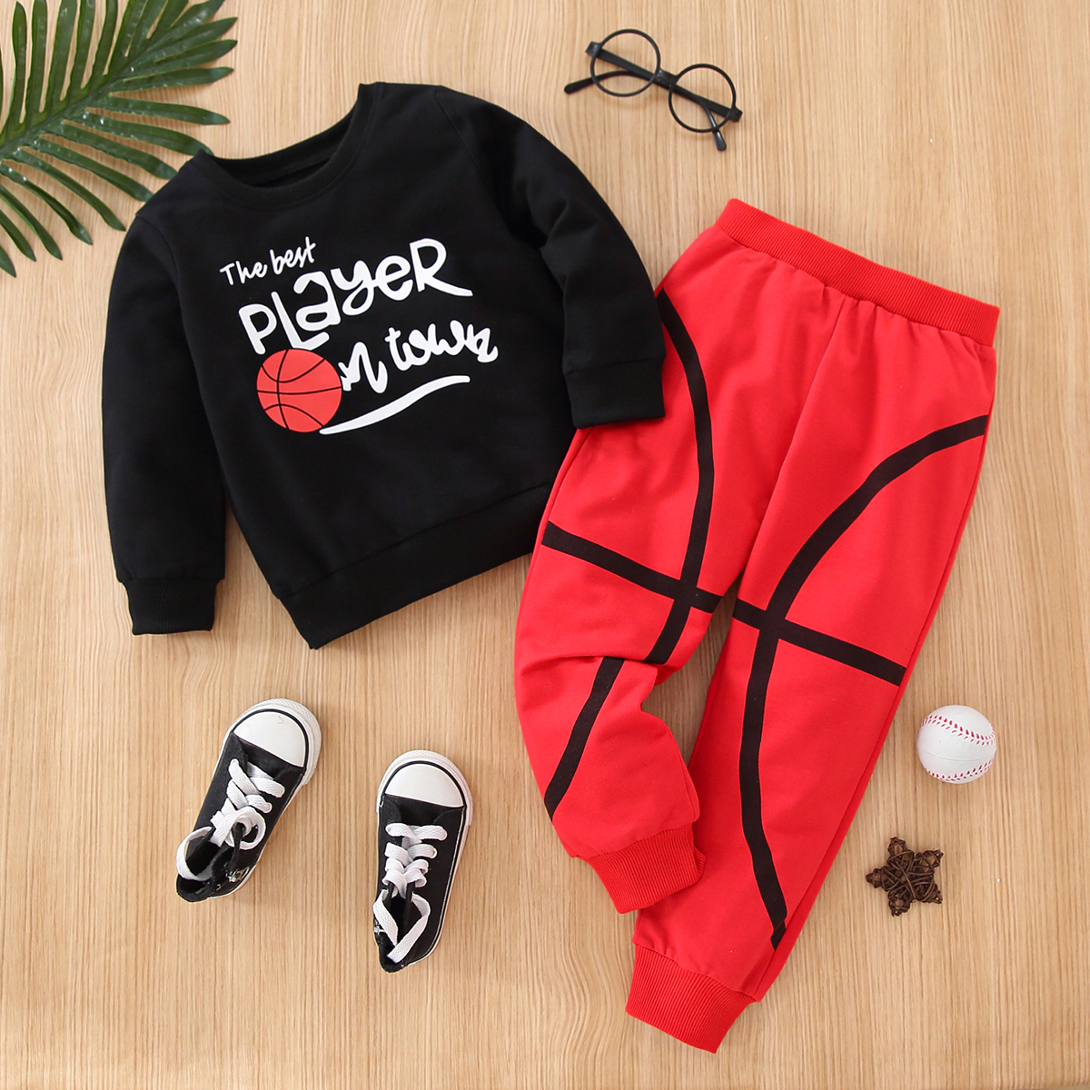 

2-piece Toddler Boy Letter Basketball Print Pullover Sweatshirt and Pants Set