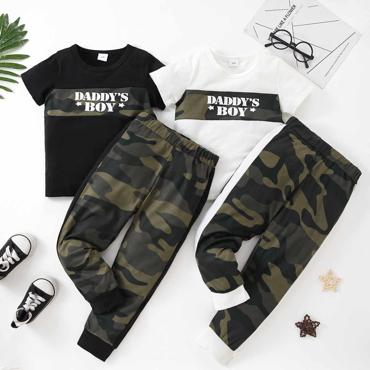 

2pcs Toddler Boy Casual Letter Camouflage Print Teed & Pants Set