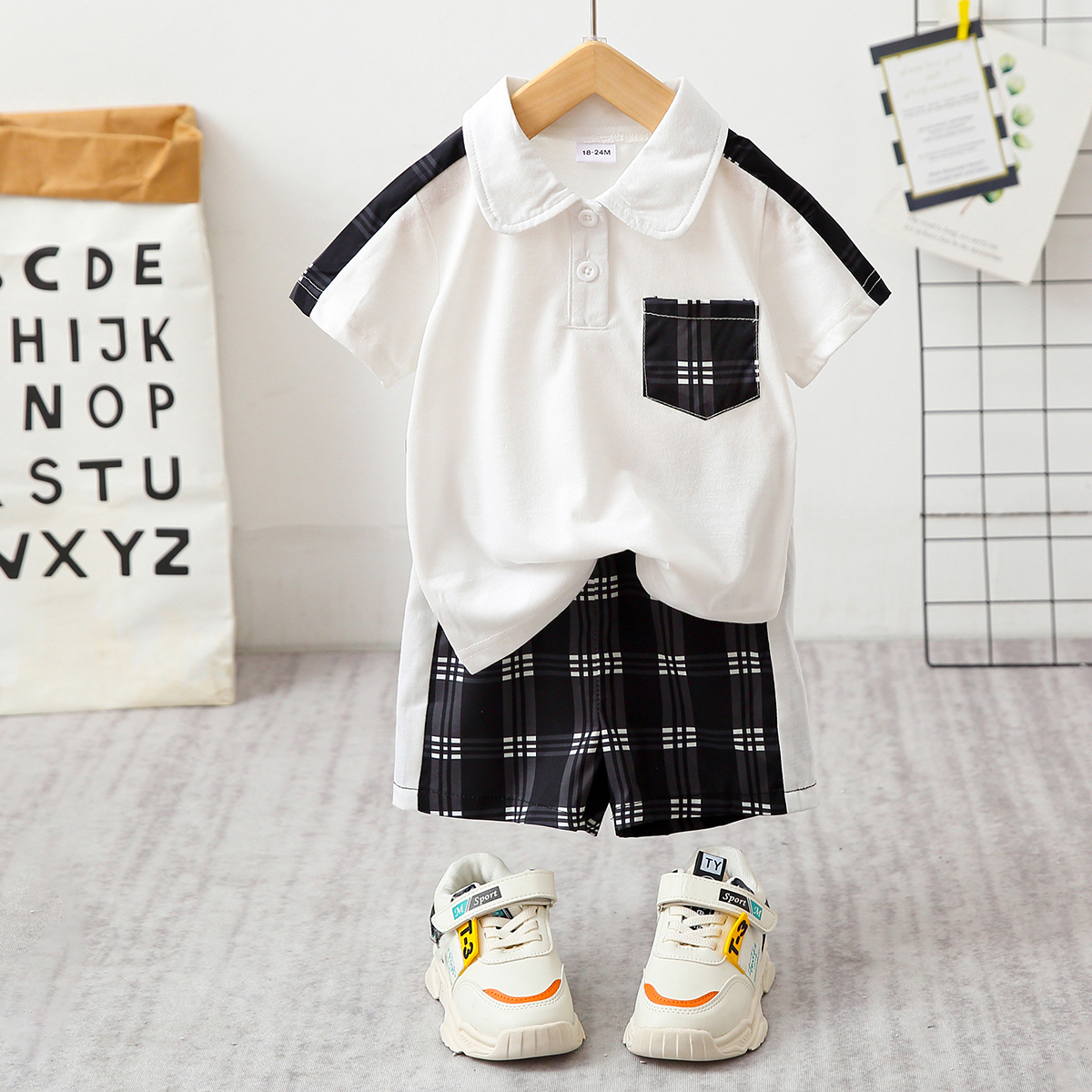 

2pcs Toddler Boy Casual Plaid Splice Polo Shirt and Shorts Set