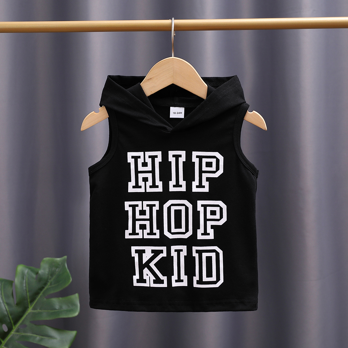 

Toddler Boy Trendy Letter Print Hooded Sleeveless Black Tank Top
