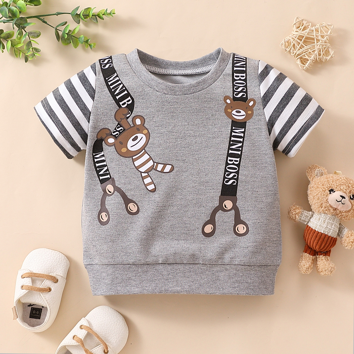 

Baby Boy/Girl Striped Short-sleeve Cartoon Animal Print Grey Top