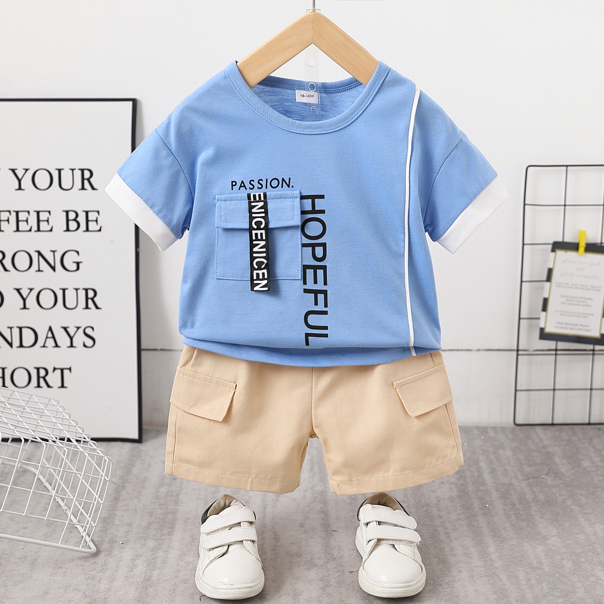 

2pcs Toddler Boy Trendy Letter Print Pocket Design Tee and Shorts Set
