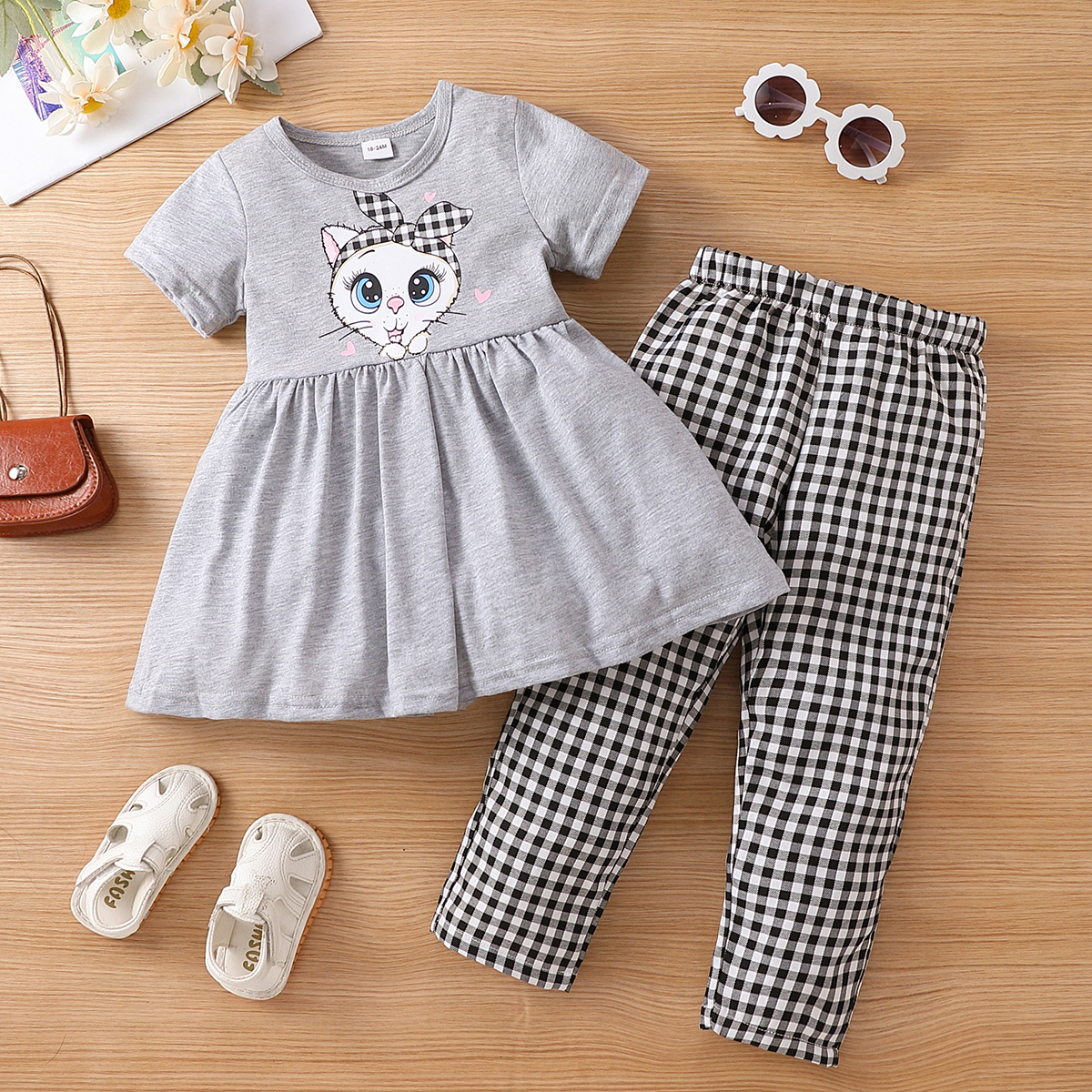 

2pcs Toddler Girl Cat Print Peplum Tee and Elasticized Plaid Pants Set