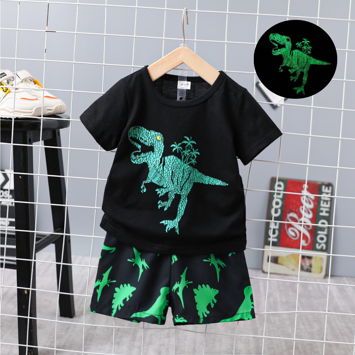 

2pcs Toddler Boy Playful Dinosaur Print Reflective Tee and Elasticized Shorts Set