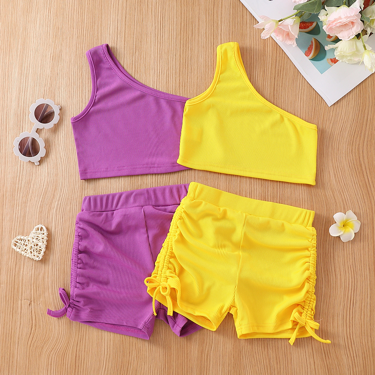 

2pcs Toddler Girl Solid Color One Shoulder Tank Top and Drawstring Shorts Set