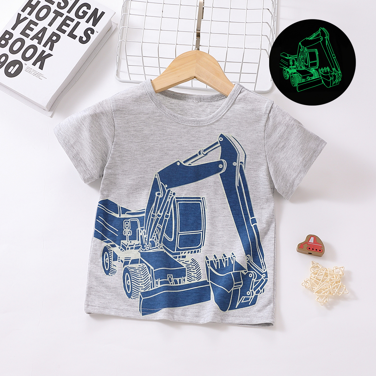 

Toddler Boy Playful Luminous Vehicle Excavator Print Short-sleeve Tee