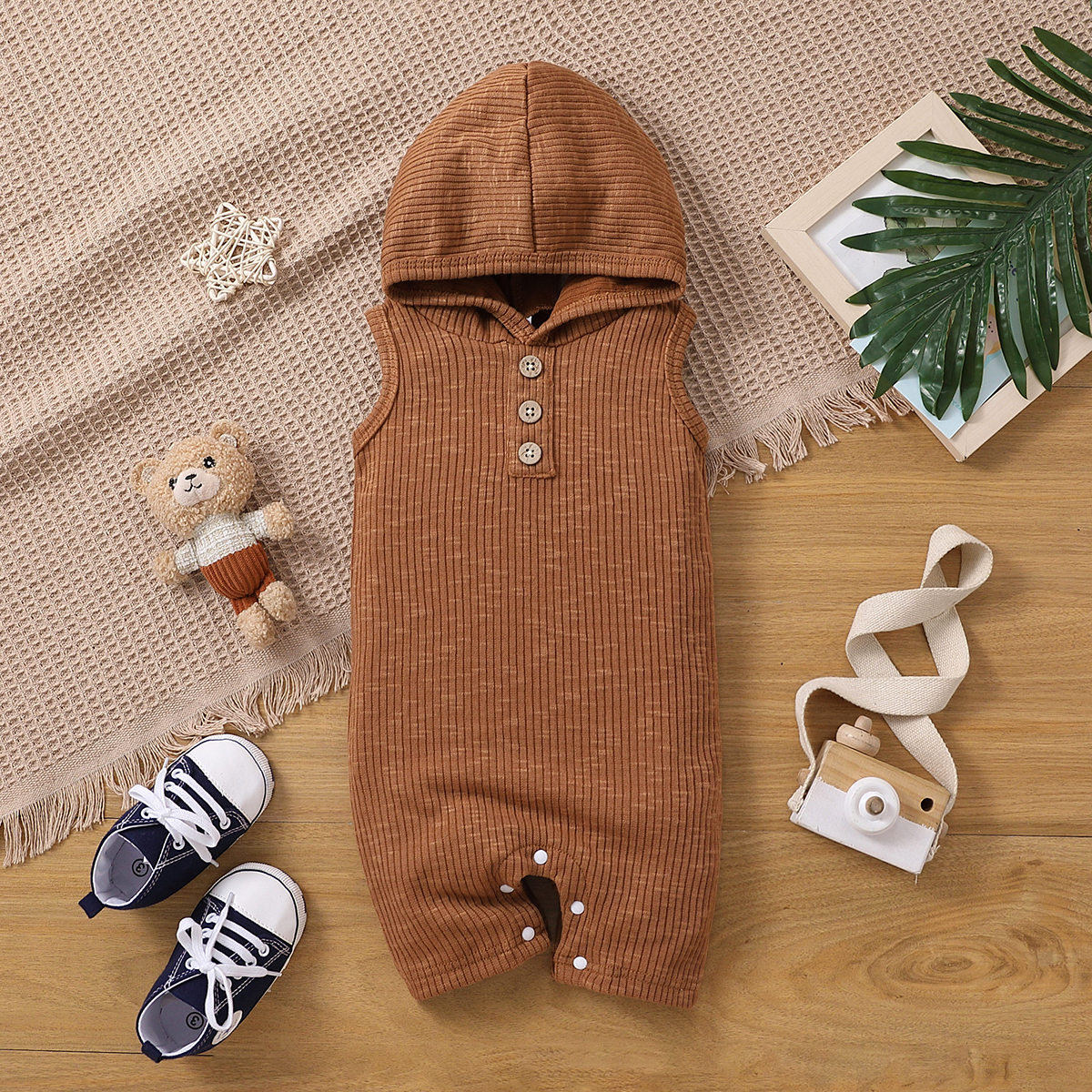

Baby Boy/Girl Button Front Solid Rib Knit Hooded Tank Romper