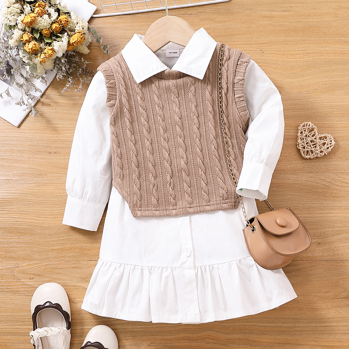 

2pcs Toddler Girl Elegant Lapel Collar White Shirt Dress and Cable Knit Vest Set
