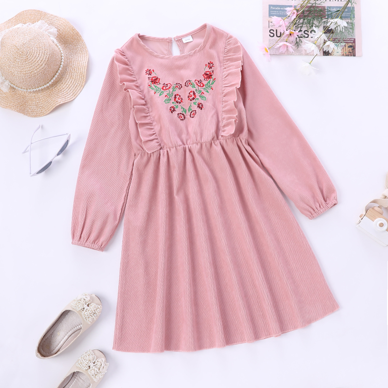 

Kid Girl Floral Embroidered Ruffled Long-sleeve Dark Pink Dress
