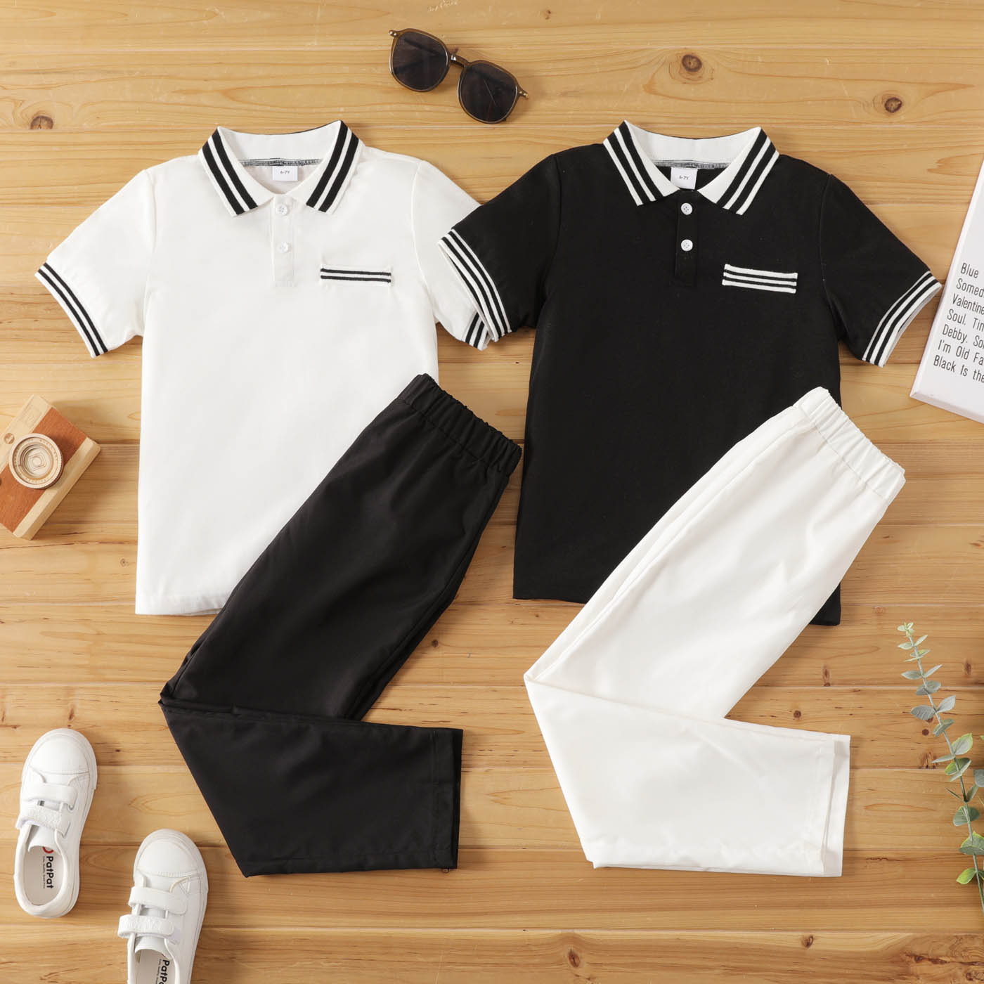

2pcs Kid Boy Preppy style Striped Short-sleeve Polo Shirt and Elasticized Pants Set