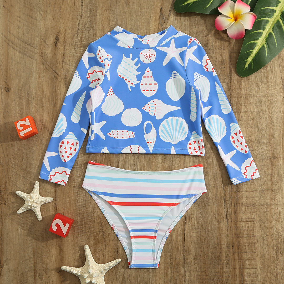 

2-piece Toddler Girl Seashells Print Long-sleeve Top and Stripe Briefs Swimsuit Set