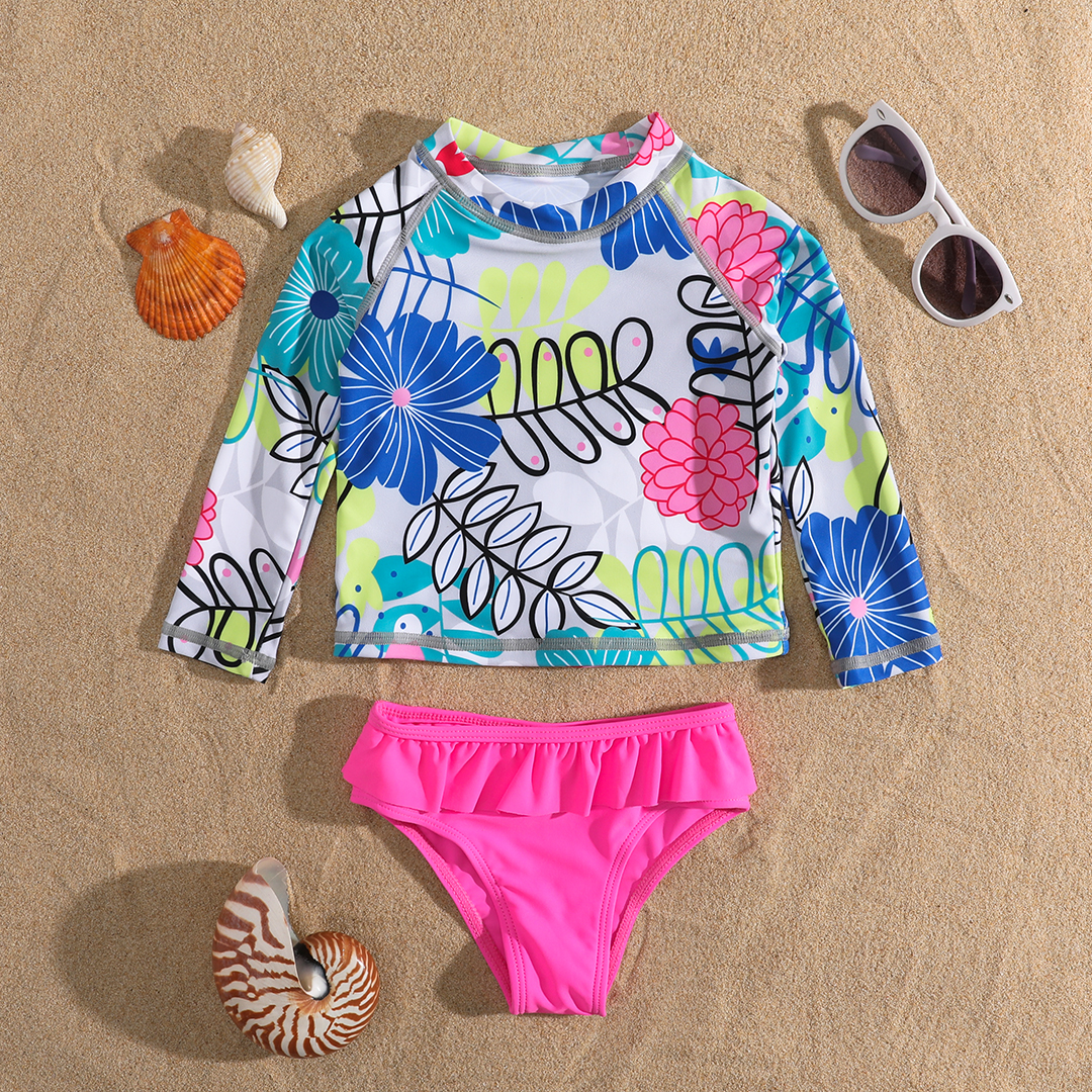 

2-piece Toddler Girl Floral Print Long-sleeve Top and Briefs Swimsuit Set