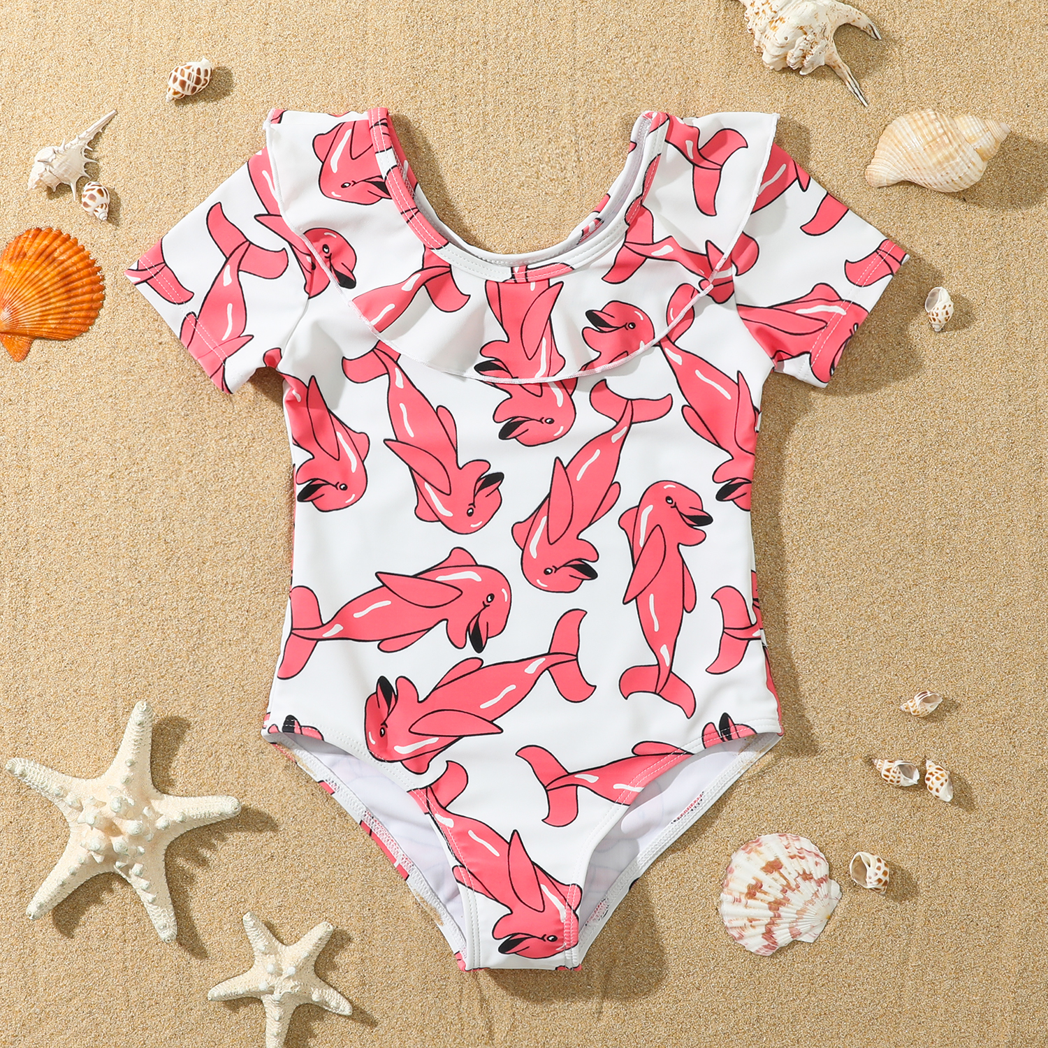 

Toddler Girl Dolphin Print Flounce Short-sleeve Onepiece Swimsuit