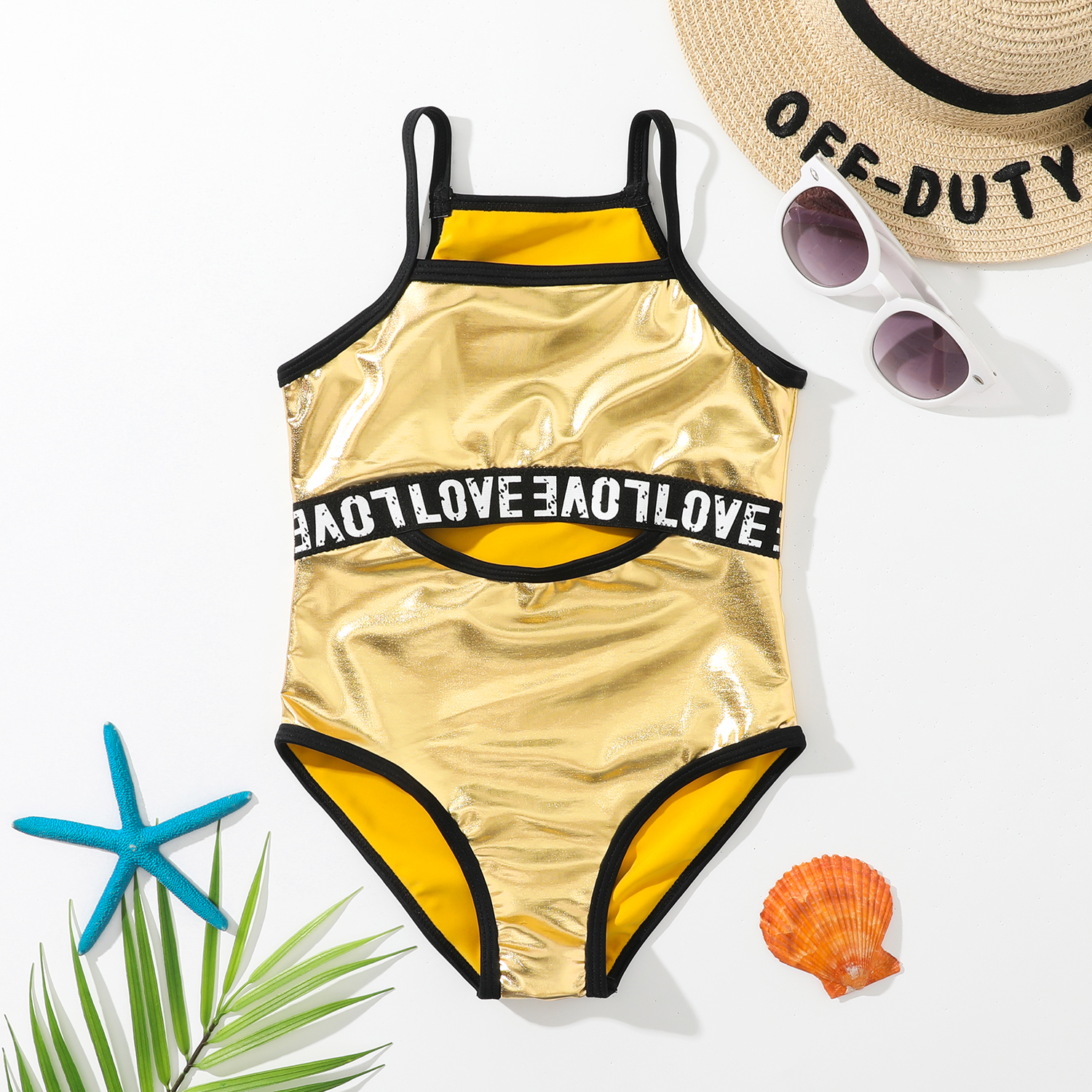 

Toddler Girl Letter Print Cut Out Onepiece Slip Swimsuit
