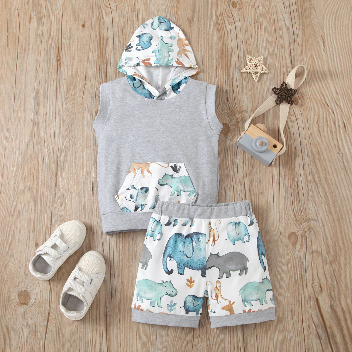 

2pcs Baby Unisex Sports Animal Hooded Sleeveless Cotton Top Baby's Sets