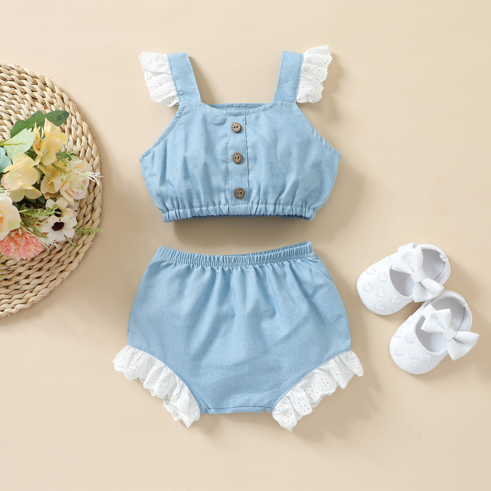 

Denim 2pcs Ruffle Decor Sleeveless Blue Baby Set
