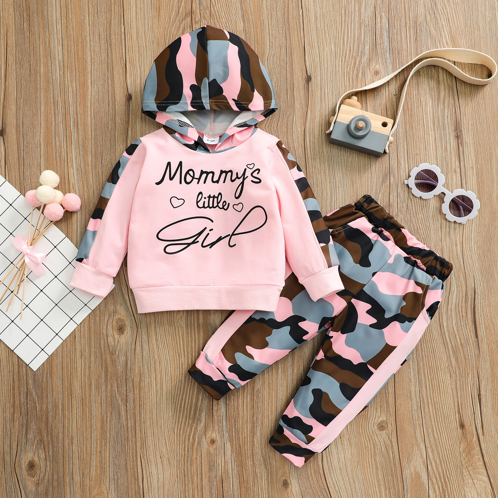 

Baby 2pcs Letter Print Pink Camouflage Print Long-sleeve Hoodie Set