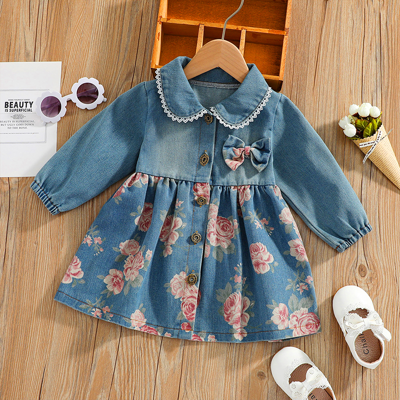 

100% Cotton Floral Print Denim Doll Collar Bowknot Long-sleeve Baby Dress