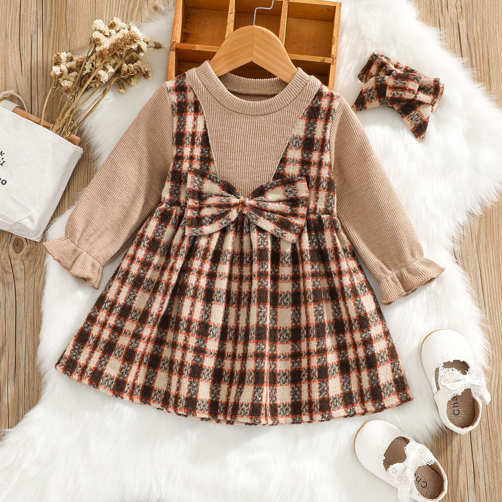 

100% Cotton 2pcs Baby Brown Knitted Long-sleeve Splicing Plaid Dress Set