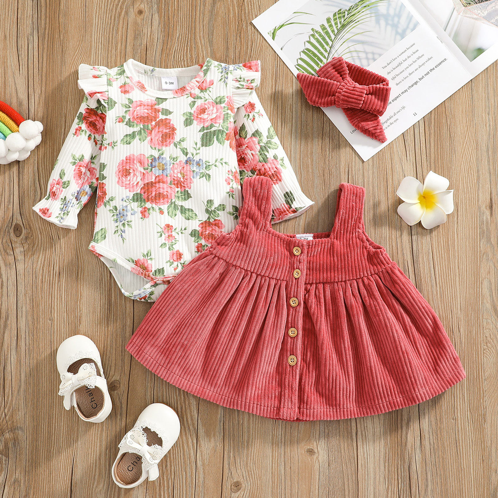 

3pcs Baby Floral Print Ruffle Long-sleeve Romper and Solid Corduroy Sleeveless Dress Set
