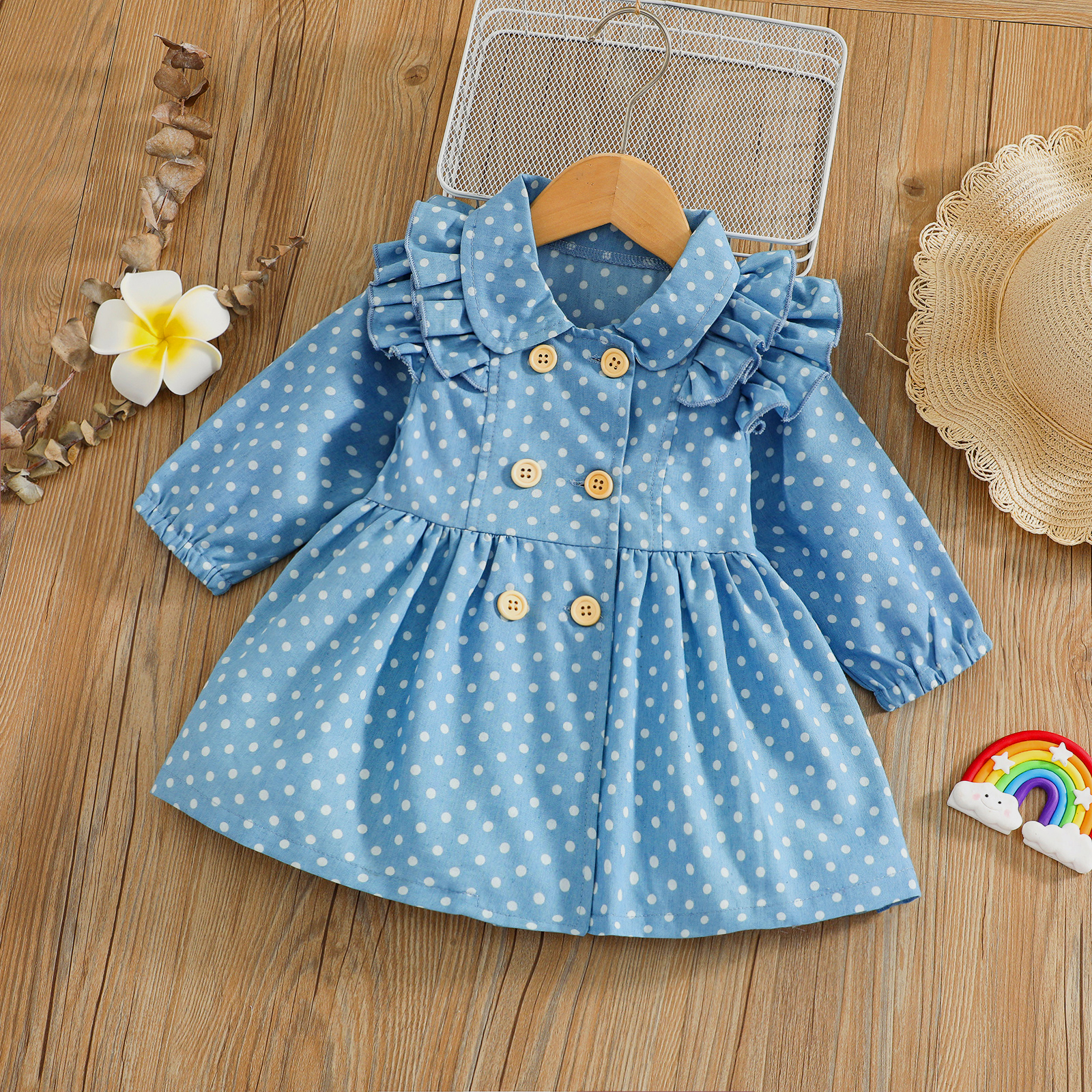 

100% Cotton Baby Girl Blue Denim Polka Dots Doll Collar Ruffle Double Breasted Long-sleeve Dress