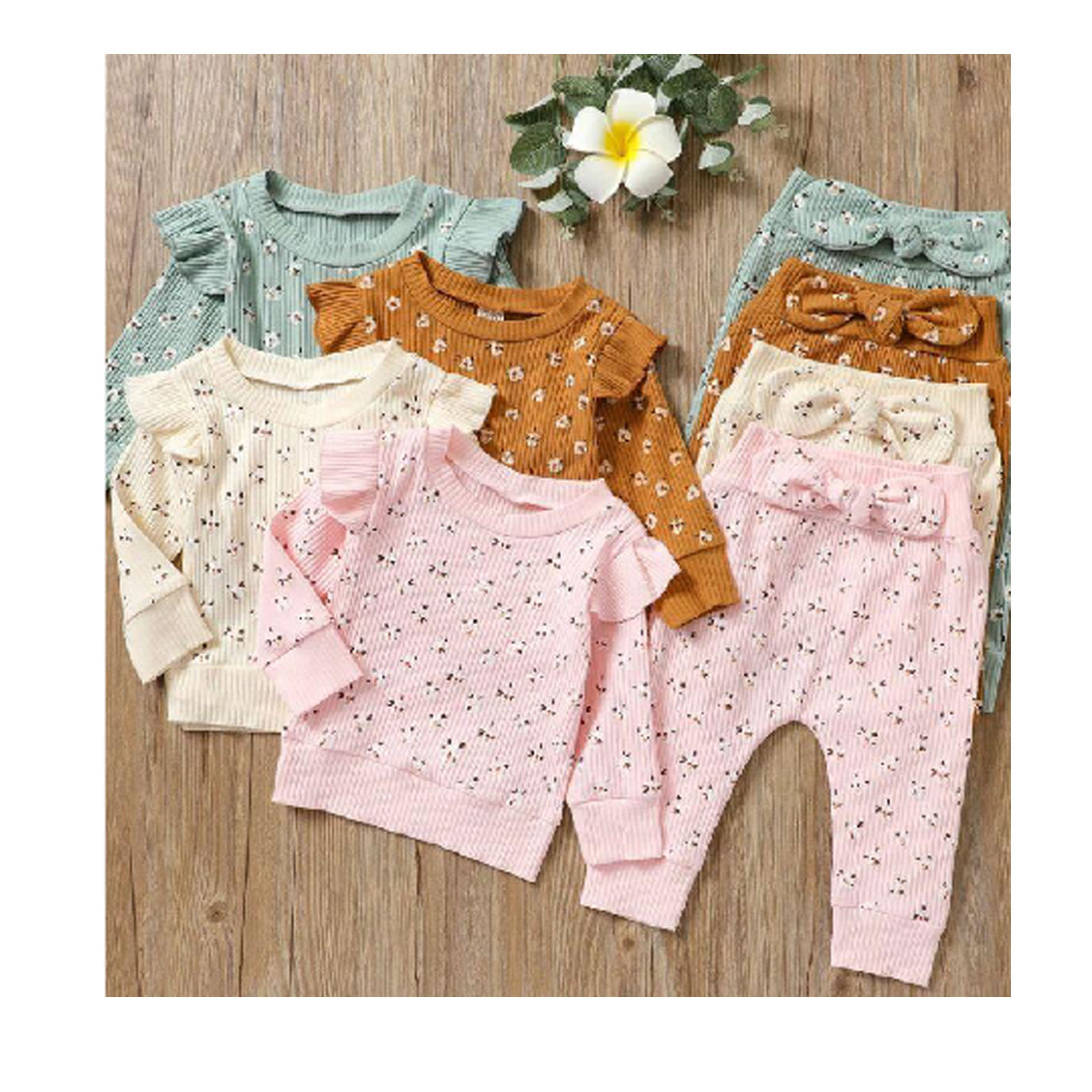 

2pcs Baby Girl All Over Floral Print Ribbed Ruffle Long-sleeve Pullover and Trousers Set