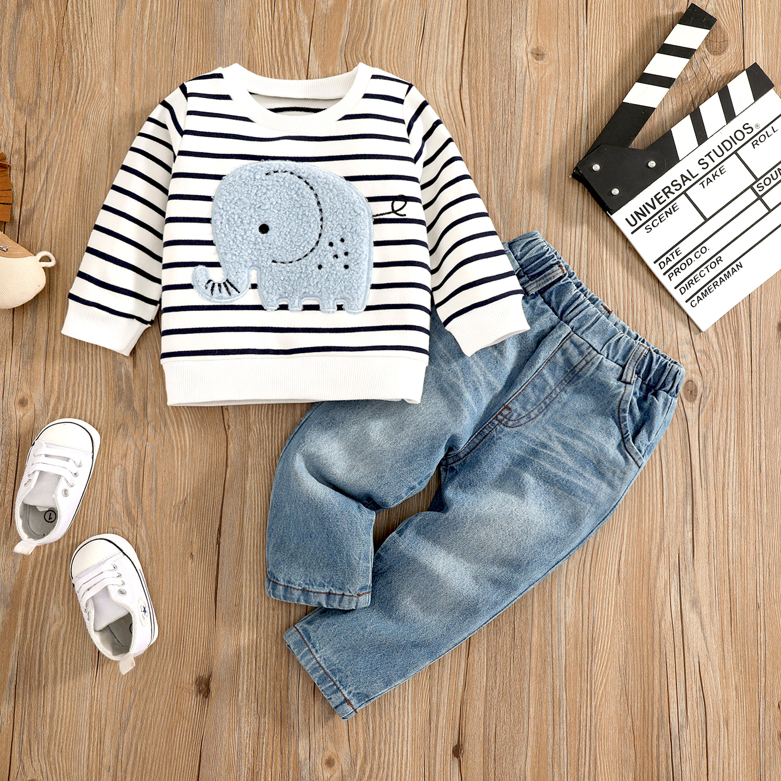 

2pcs Baby Boy Cartoon Elephant Pattern Striped Long-sleeve Pullover Top and 100% Cotton Jeans Set