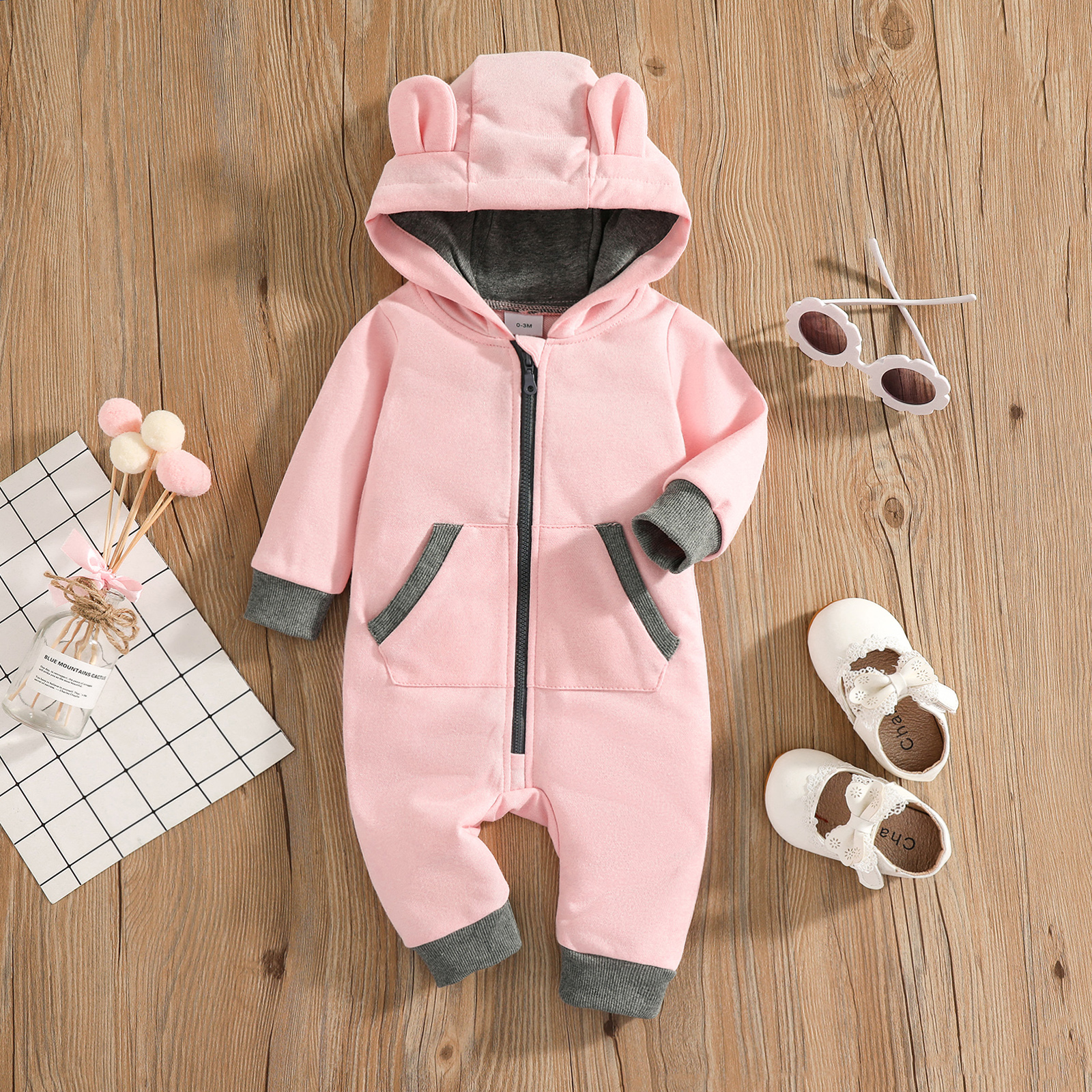 

Baby Girl Pink 3D Ears Hooded Long-sleeve Zip Jumpsuit