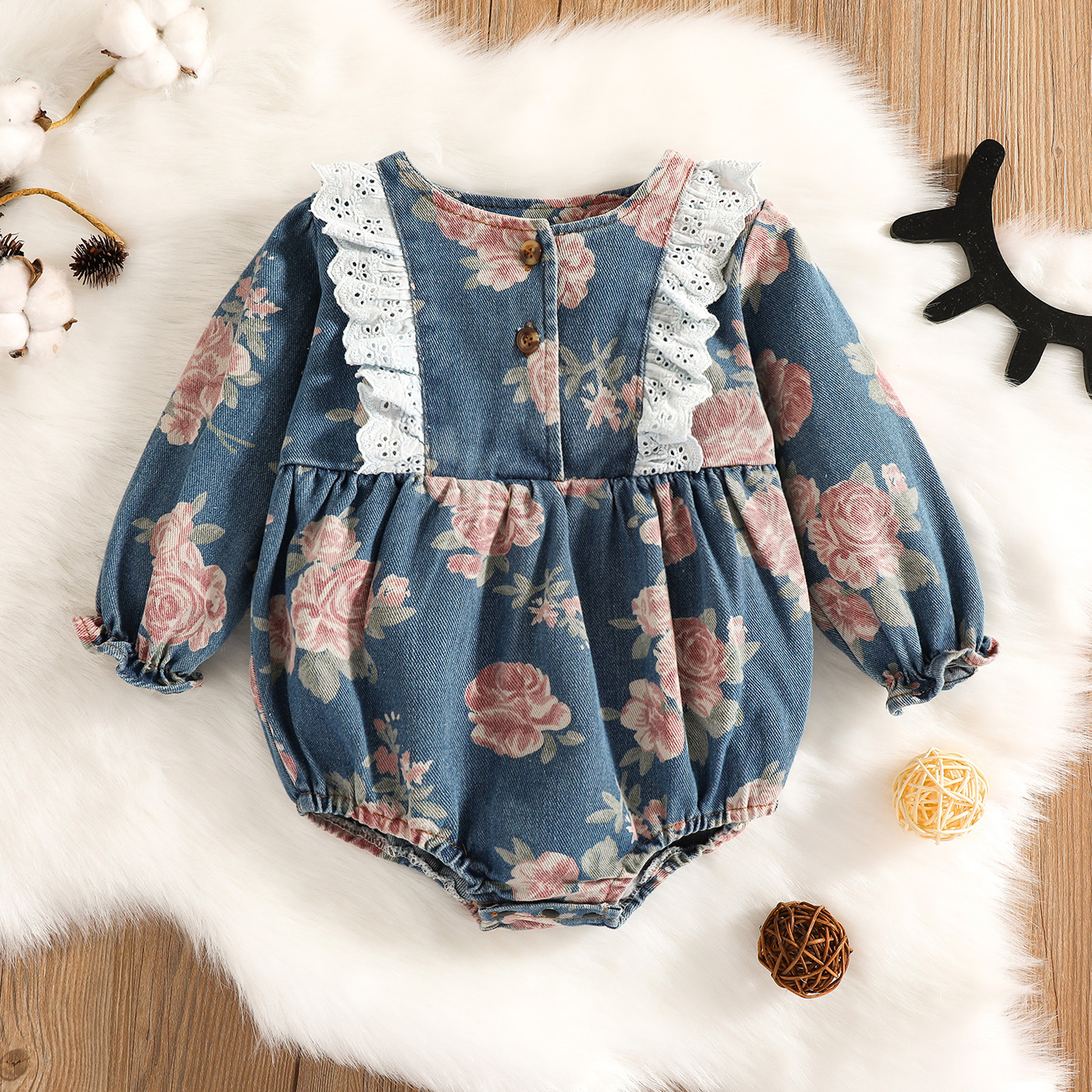 

100% Cotton Baby Girl All Over Floral Print Long-sleeve Splicing Ruffle Denim Romper