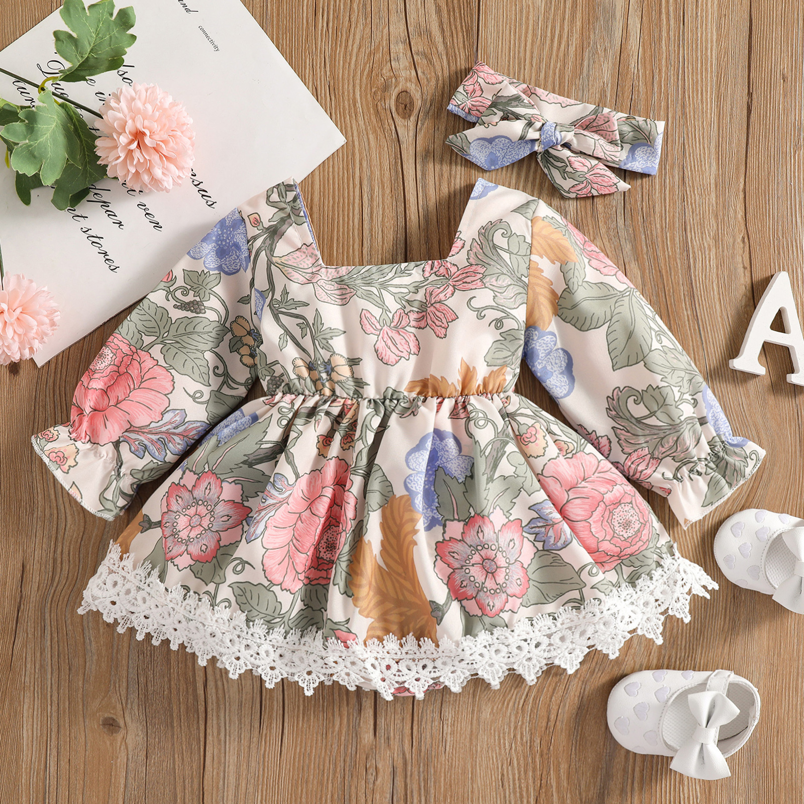 

2pcs Baby Girl Floral Print Square Neck Lace Hem Long-sleeve Romper Dress Set